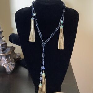 Heidi Daus Beaded Tassel Lariat Necklace And Earrings Sapphire Aurora Borealis